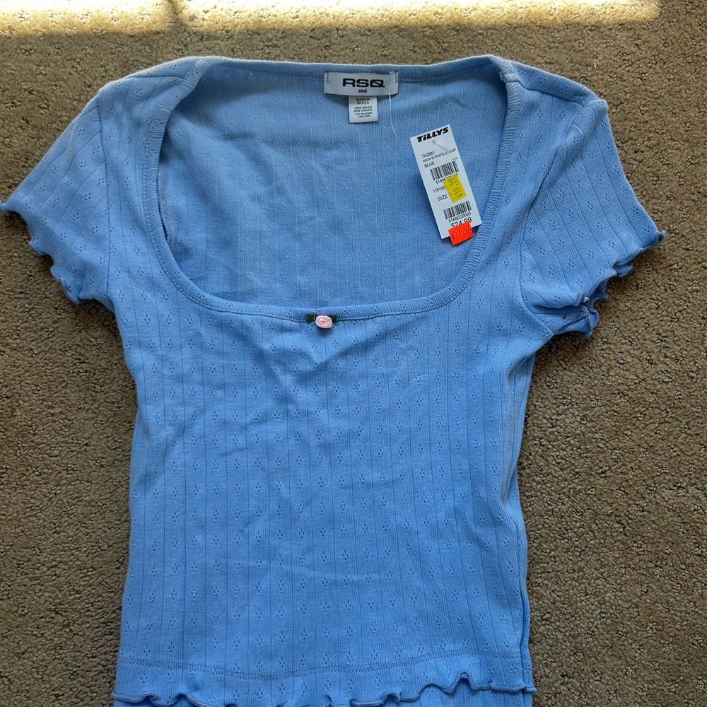 RSQ Blue Fitted Ribbed Ruffled Blouse